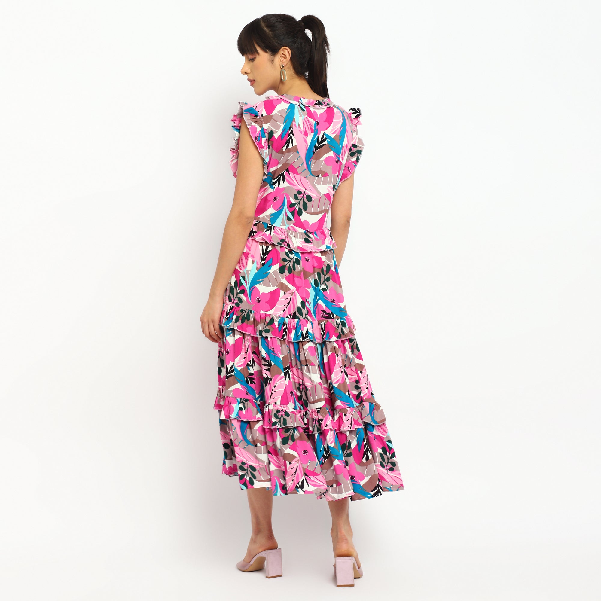 Pink Tropical Tiered Maxi Dress